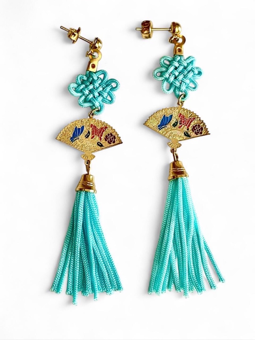 Vintage Chinese Knot Aqua Blue Tassel Fan Earrings Gold Enamel Butterfly Floral